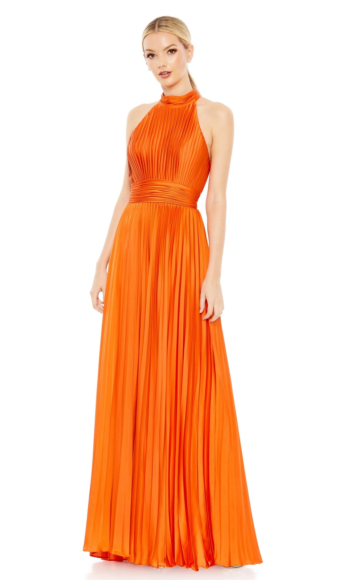A woman poses against a white background in the Mac Duggal 26992 Long Pleated A-Line Formal Dress, featuring a sleeveless design, floor-length skirt, and high neckline.